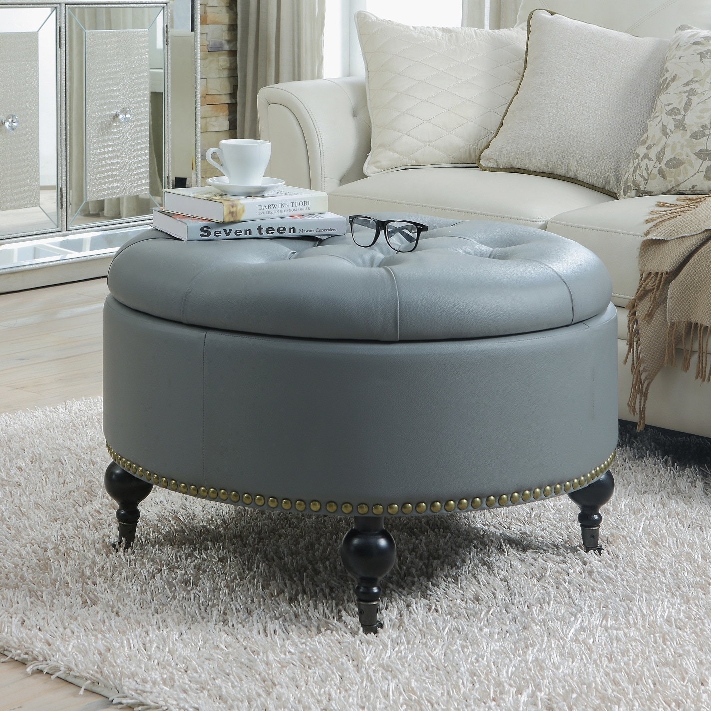 Dark Gray Tufted Round Storage Ottoman Kirklands