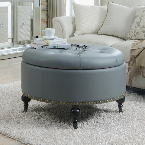 Chic Home Mona Leather Button Tufted Nailhead Trim Round Ottoman
