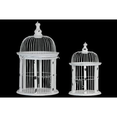 Urban Trends Collection Distressed White Wood Round Bird Cage Terrariums With Wire Mesh and Column Design (Set of 2)