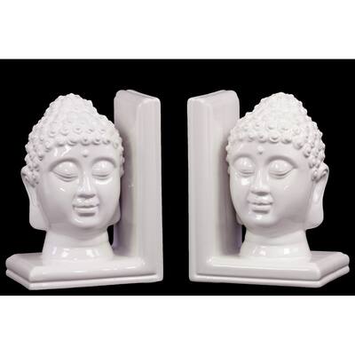 UTC40037-AST: Ceramic Buddha Head Bookend Assortment of Two Gloss Finish White