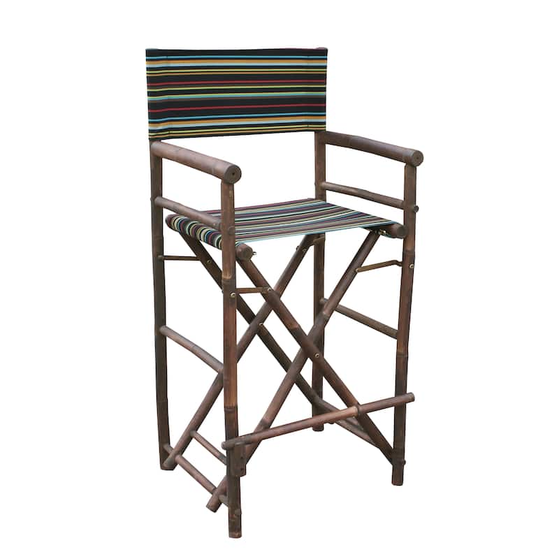 Zew Handcrafted Espresso Bamboo Bar Height Director Chair - Brown with Blue White Stripes Canvas