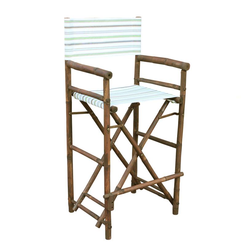 Zew Handcrafted Espresso Bamboo Bar Height Director Chair - Espresso Color White Stripes Canvas