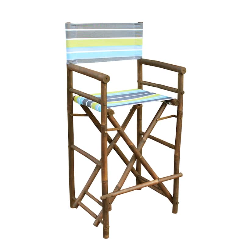 Zew Handcrafted Espresso Bamboo Bar Height Director Chair - Brown with Green Stripes Canvas