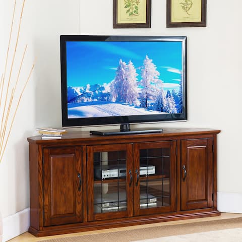 Burnished Oak-finish Wood and Leaded Glass 56-inch Corner TV Stand