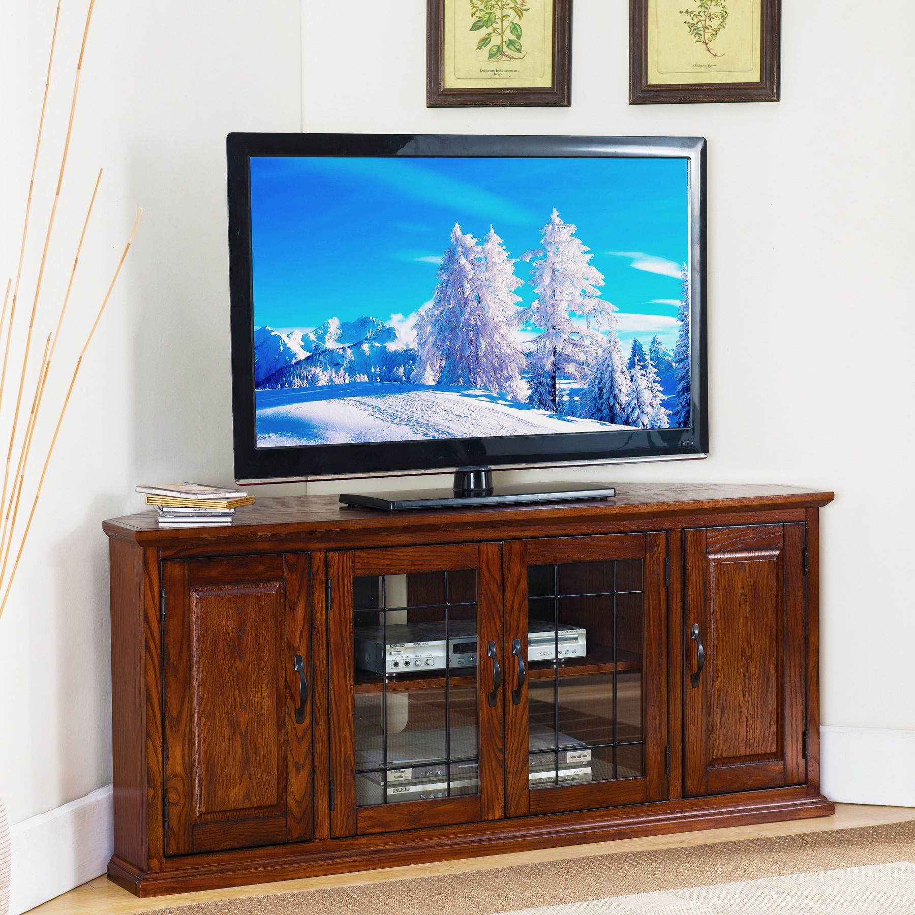 Leick Home Leaded Glass Corner TV Stand with Enclosed Storage