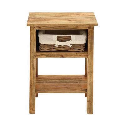 Brown Natural Wood Rattan Drawer Side Table