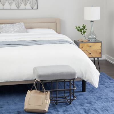 Gold, Beige Leather, Wood Standard Ottoman