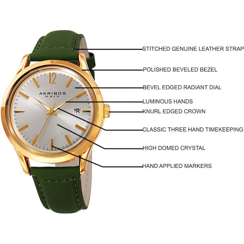 Akribos XXIV Women's Quartz Sunray Green Leather Strap Watch