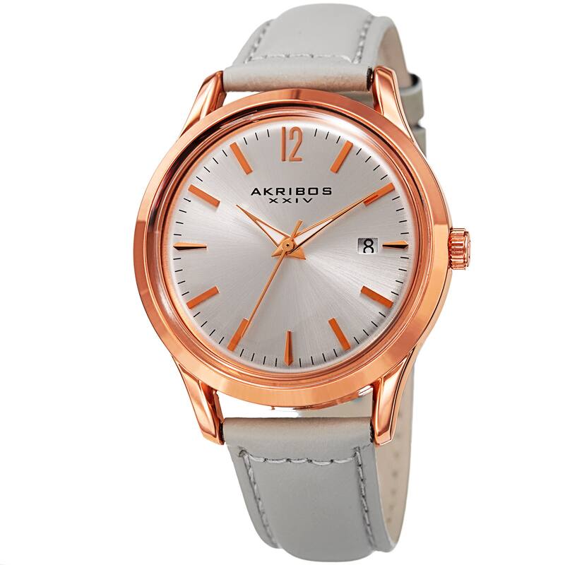 Akribos XXIV Women's Quartz Sunray Gray Leather Strap Watch - grey