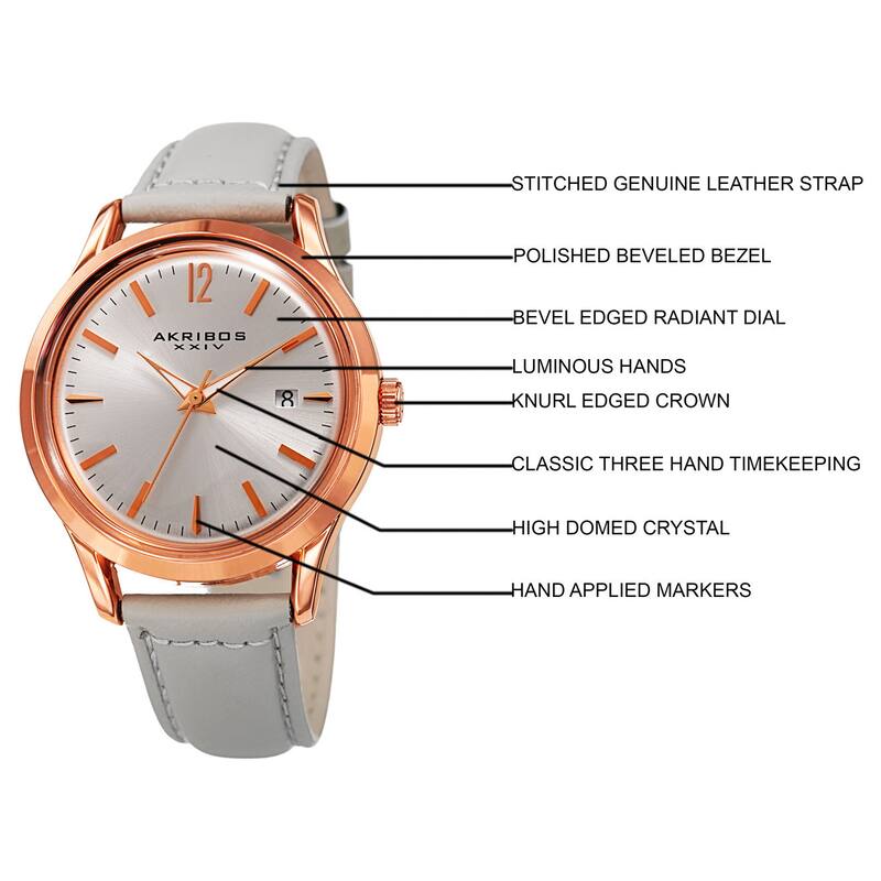 Akribos XXIV Women's Quartz Sunray Gray Leather Strap Watch - grey