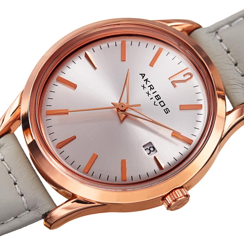 Akribos XXIV Women's Quartz Sunray Gray Leather Strap Watch - grey