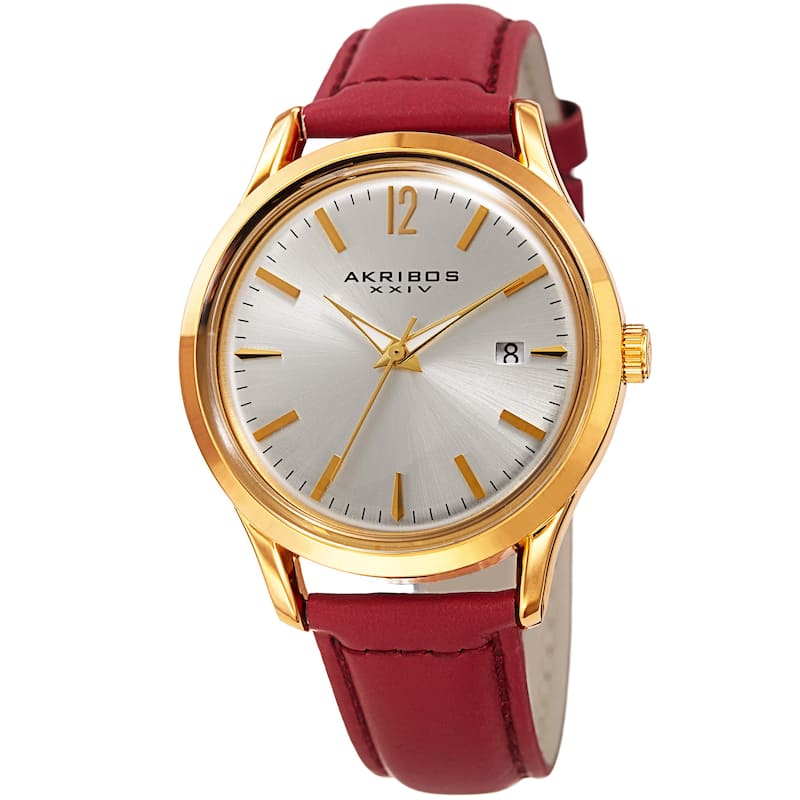 Akribos XXIV Women's Quartz Sunray Watch with Leather Strap - RED