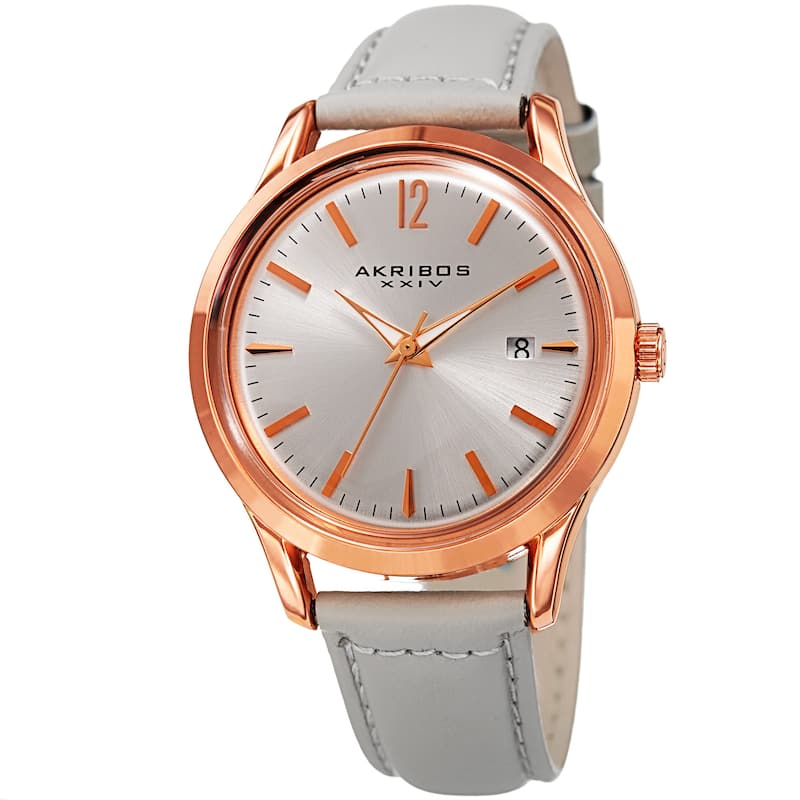 Akribos XXIV Women's Quartz Sunray Watch with Leather Strap - grey