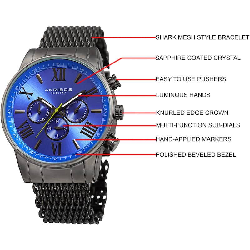 Akribos Men's Swiss Quartz Multifunction Gray Blue Mesh Bracelet Watch