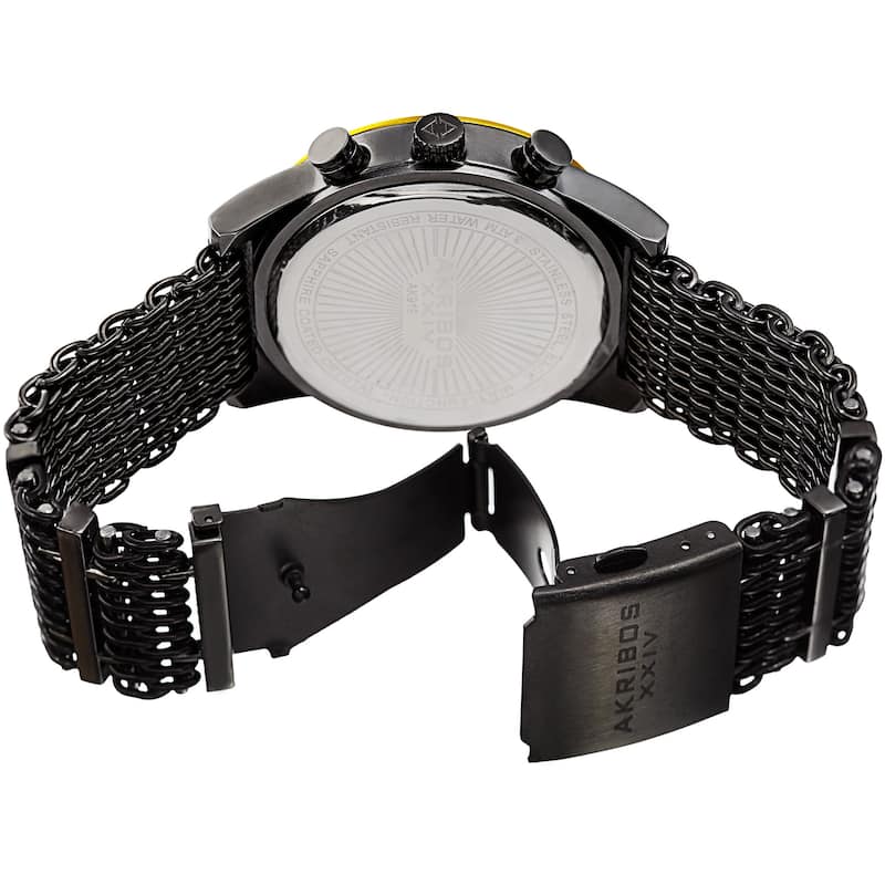 Akribos Men's Swiss Quartz Multifunction Black Gold-tone Mesh Bracelet Watch
