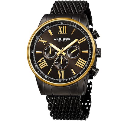 Akribos Men's Swiss Quartz Multifunction Black Gold-tone Mesh Bracelet Watch