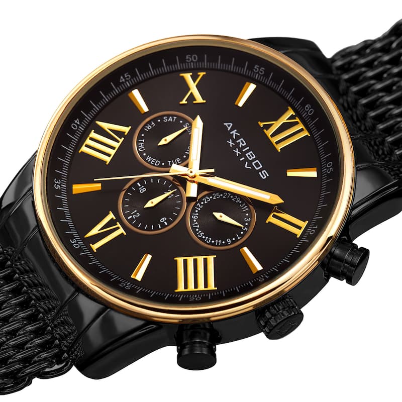Akribos Men's Swiss Quartz Multifunction Black Gold-tone Mesh Bracelet Watch