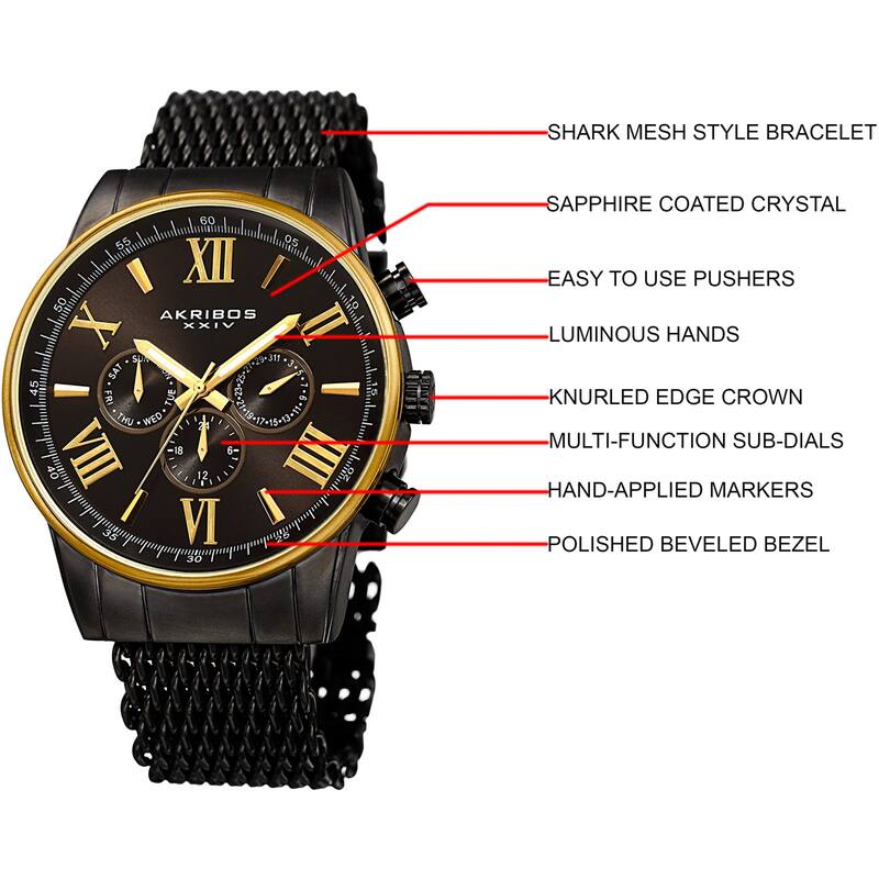 Akribos Men's Swiss Quartz Multifunction Black Gold-tone Mesh Bracelet Watch