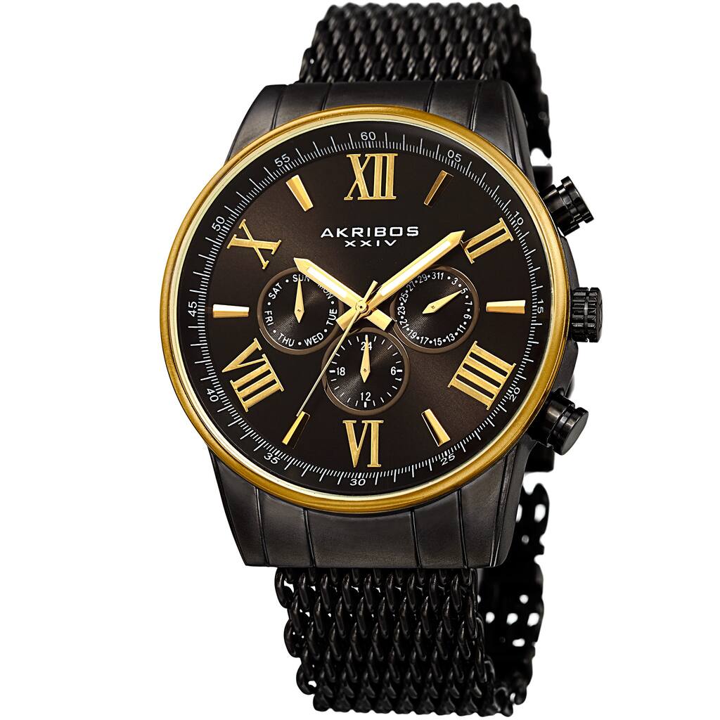 Akribos Men's Swiss Quartz Multifunction Black Gold-tone Mesh Bracelet Watch