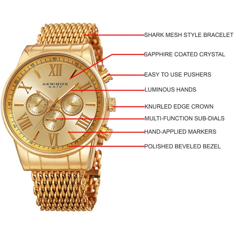Akribos Men's Swiss Quartz Multifunction Gold-Tone Mesh Bracelet Watch