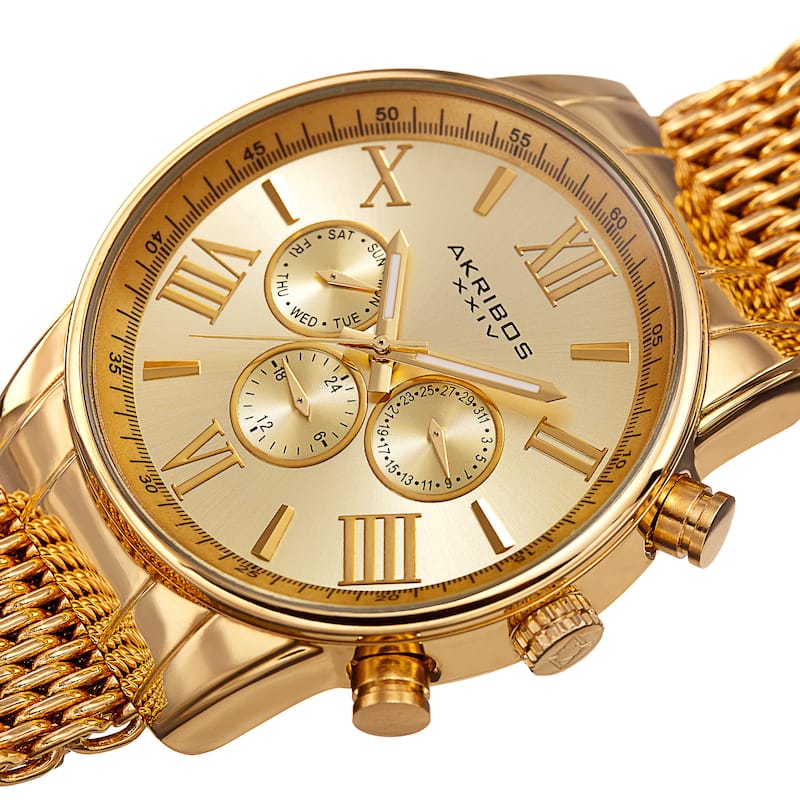Akribos Men's Swiss Quartz Multifunction Gold-Tone Mesh Bracelet Watch