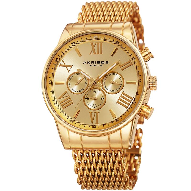 Akribos Men's Swiss Quartz Multifunction Gold-Tone Mesh Bracelet Watch