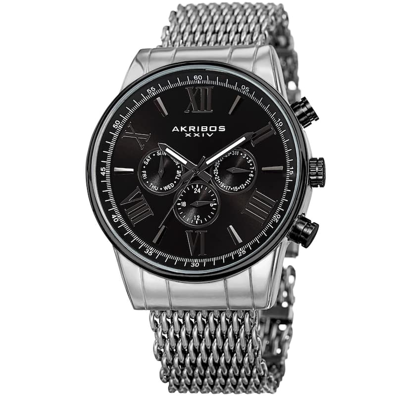 Akribos Men's Swiss Quartz Multifunction Silver-Tone Black Mesh Bracelet Watch
