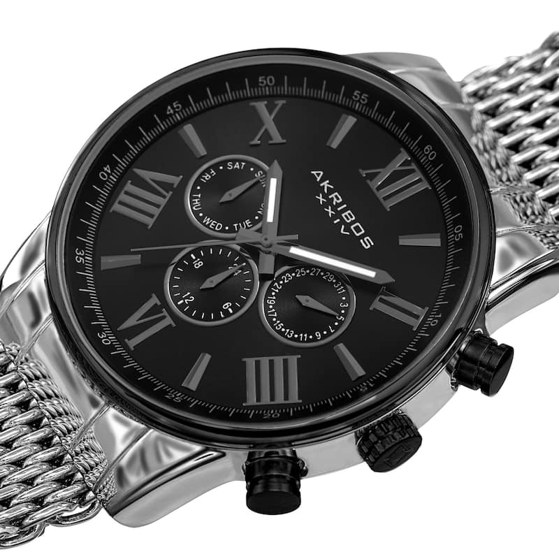 Akribos Men's Swiss Quartz Multifunction Silver-Tone Black Mesh Bracelet Watch