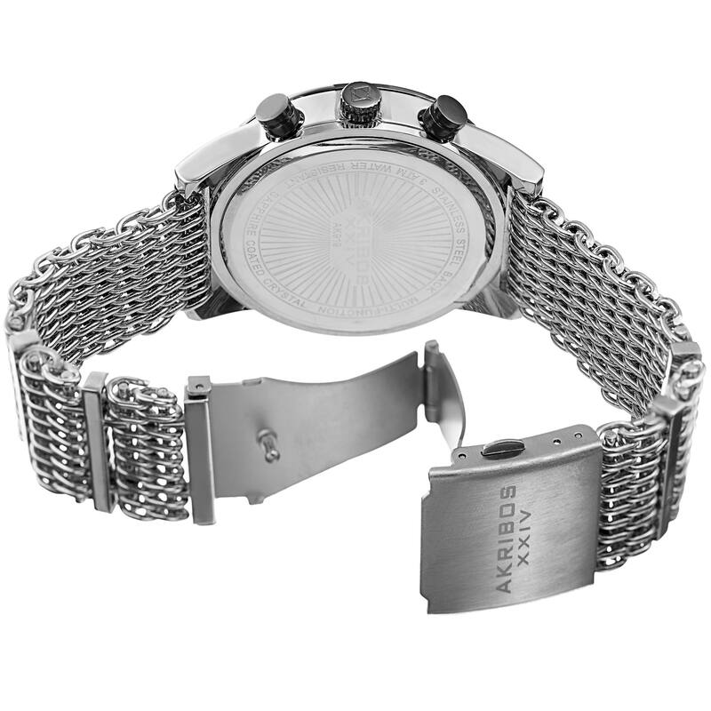 Akribos Men's Swiss Quartz Multifunction Silver-Tone Black Mesh Bracelet Watch
