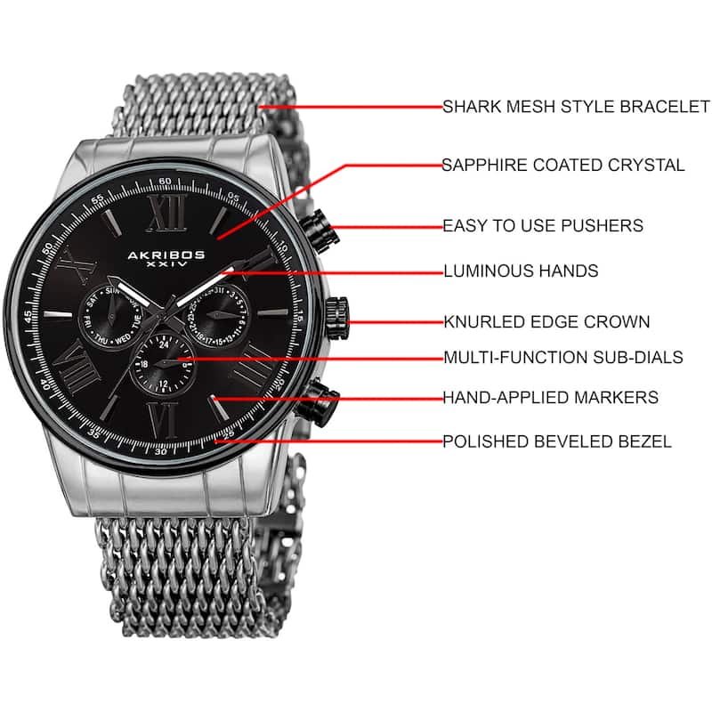Akribos Men's Swiss Quartz Multifunction Silver-Tone Black Mesh Bracelet Watch