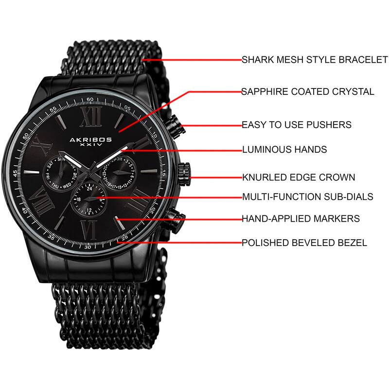 Akribos Men's Swiss Quartz Multifunction Black Mesh Bracelet Watch