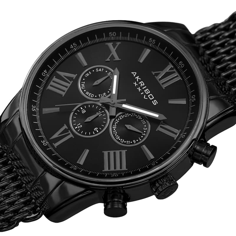 Akribos Men's Swiss Quartz Multifunction Black Mesh Bracelet Watch