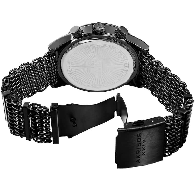 Akribos Men's Swiss Quartz Multifunction Black Mesh Bracelet Watch