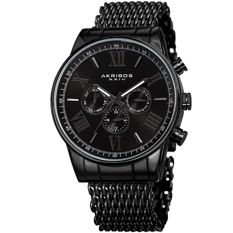 Akribos Men's Swiss Quartz Multifunction Black Mesh Bracelet Watch