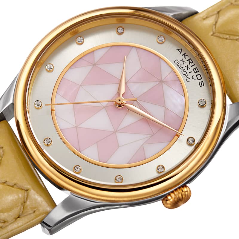Akribos XXIV Women's Quartz Diamond Beige Leather Strap Watch