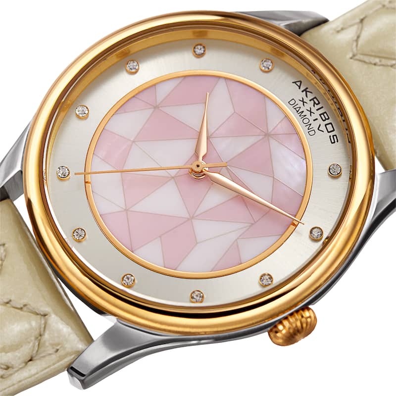 Akribos XXIV Women's Quartz Diamond Cream Leather Strap Watch