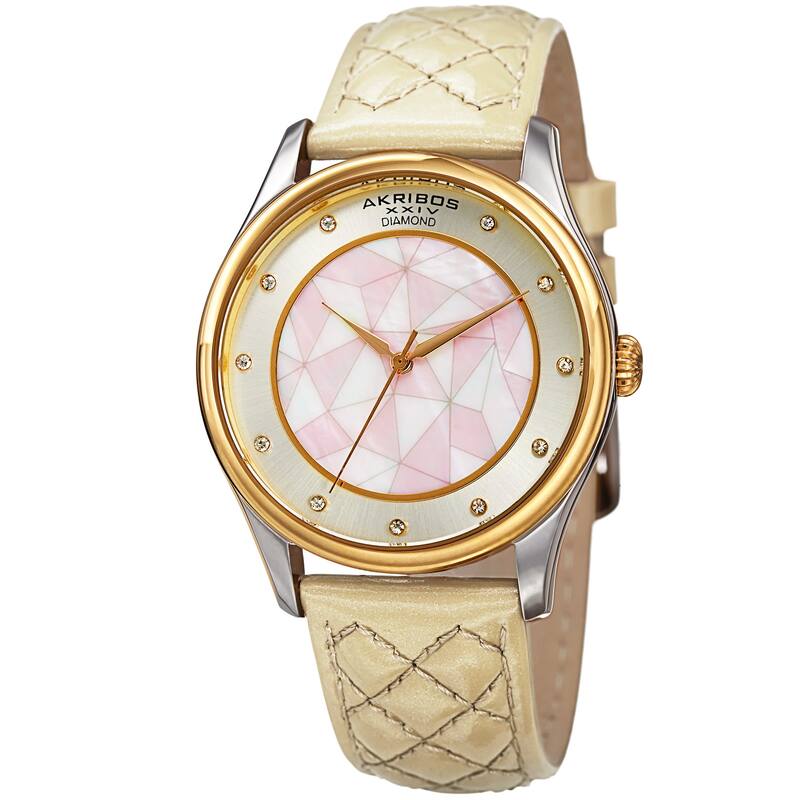 Akribos XXIV Women's Quartz Diamond Cream Leather Strap Watch