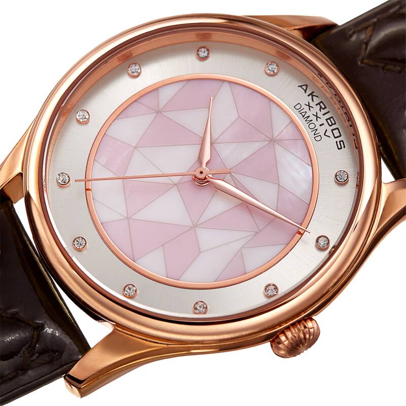 Akribos XXIV Women's Quartz Diamond Brown Leather Strap Watch