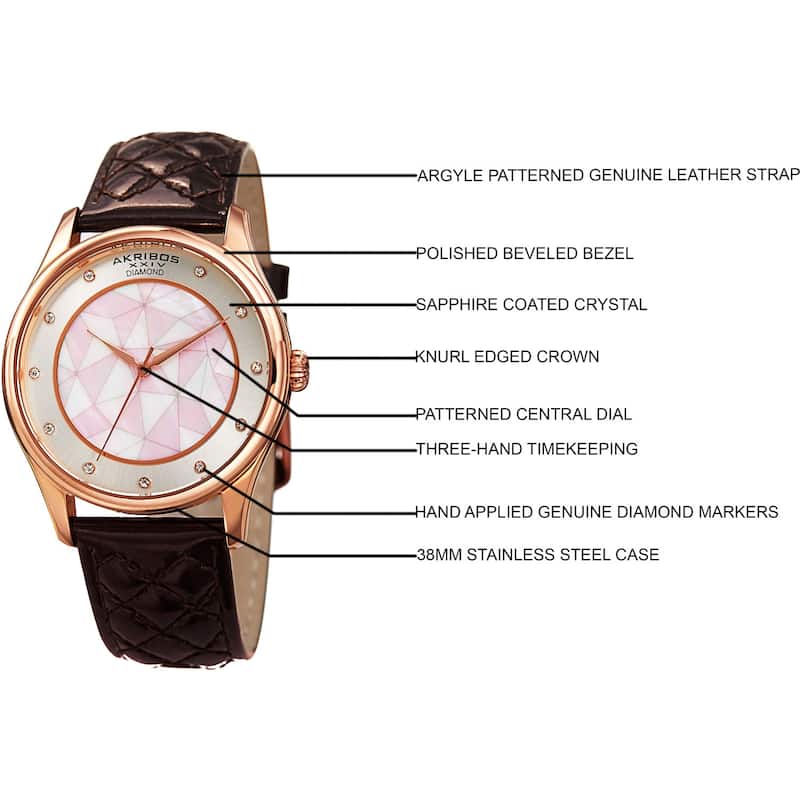 Akribos XXIV Women's Quartz Diamond Brown Leather Strap Watch