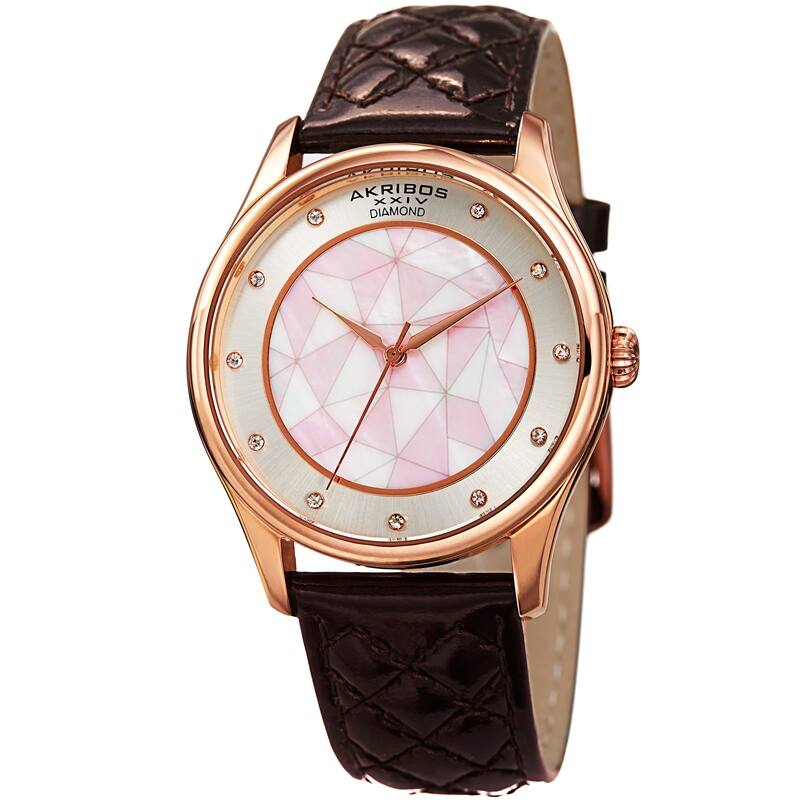 Akribos XXIV Women's Quartz Diamond Brown Leather Strap Watch