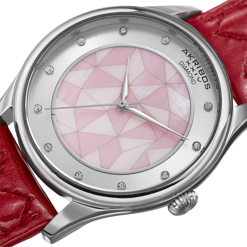Akribos XXIV Women's Quartz Diamond Fuchsia Leather Strap Watch