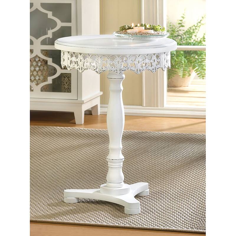 Lacy Antique White Finish Wooden Round Side Table