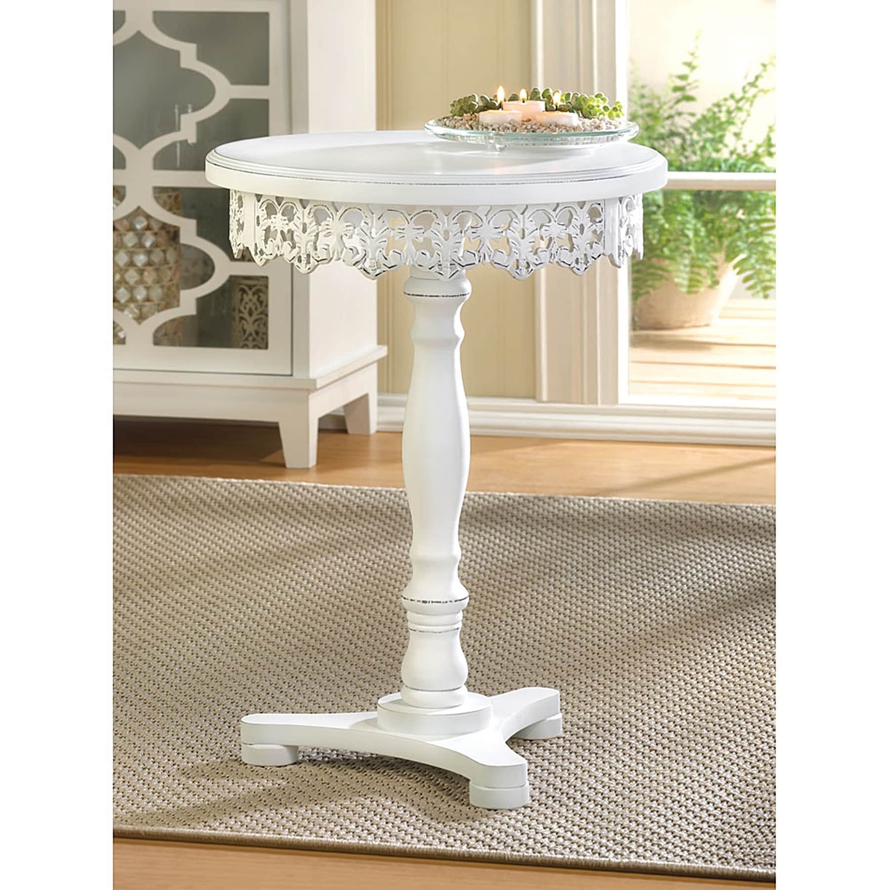 Lacy Antique White Finish Wooden Round Side Table Overstock 11902470