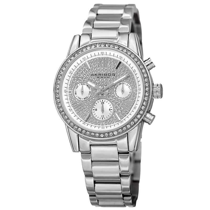 Akribos XXIV Women's Swiss Quartz Multifunction Crystal Silver-Tone Bracelet Watch