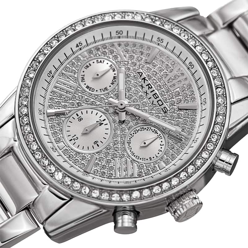 Akribos XXIV Women's Swiss Quartz Multifunction Crystal Silver-Tone Bracelet Watch