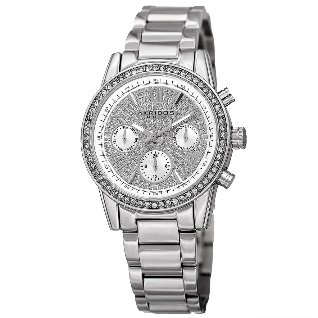 Akribos XXIV Women's Swiss Quartz Multifunction Crystal Silver-Tone Bracelet Watch