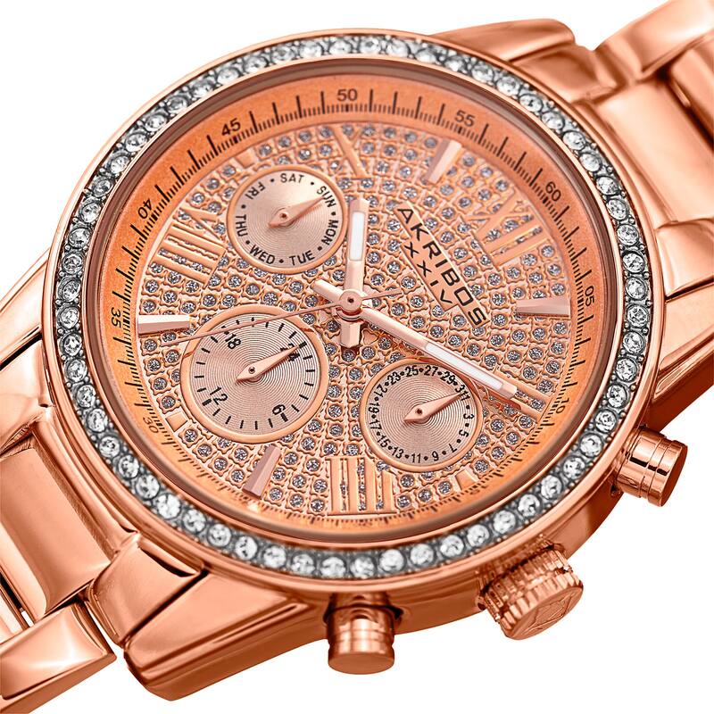Akribos XXIV Women's Swiss Quartz Multifunction Crystal Rose-Tone Bracelet Watch