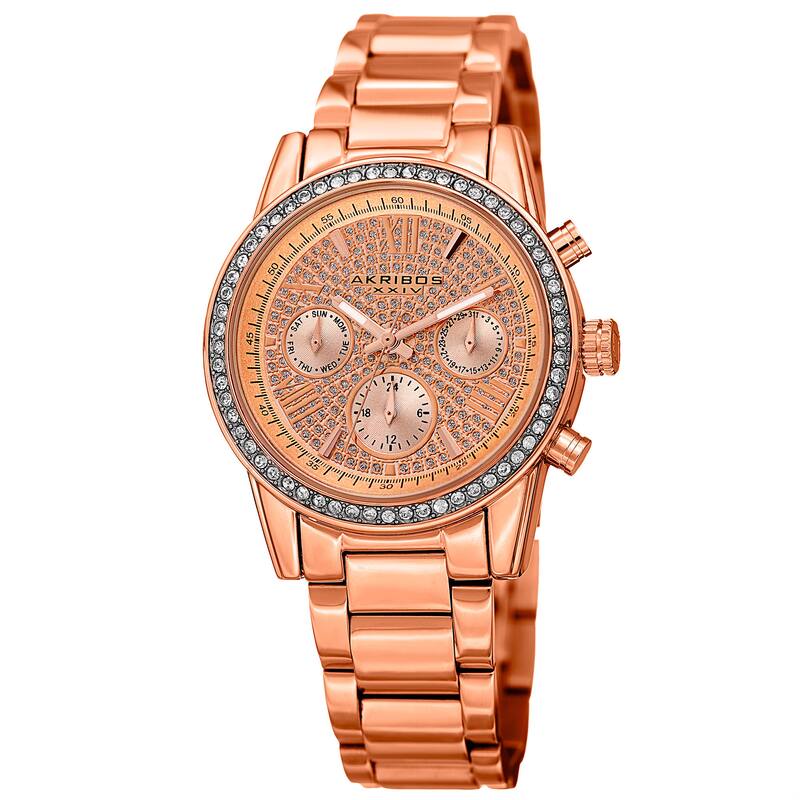 Akribos XXIV Women's Swiss Quartz Multifunction Crystal Rose-Tone Bracelet Watch