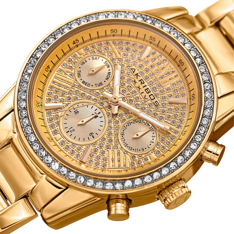 Akribos XXIV Women's Swiss Quartz Multifunction Crystal Gold-Tone Bracelet Watch