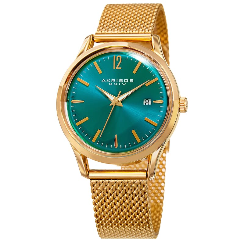 Akribos XXIV Women's Quartz Easy to Read Watch with Turquoise Mesh Bracelet - Yellow goldtone Bracelet, Turquoise Dial